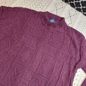 Vtg Woolrich Womens L Sweater‎ Cable Knit USA Made Cotton 3D Maroon Cottage Cozy